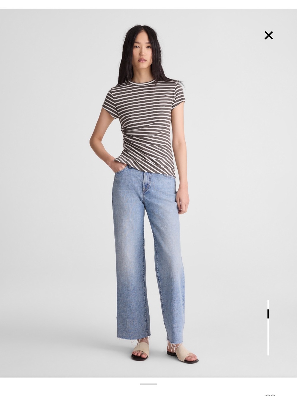 Madewell Olive and White Striped Crewneck Tee with Side Ruching